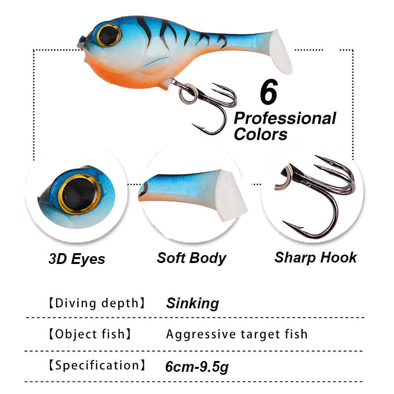 WESTBASS 1PX Big Head Soft Bait 6cm-9.5g Sinking Fishing Lure Trolling Silicone Swimbait Rubber Deraball Wobbler Jigging lurre 5
