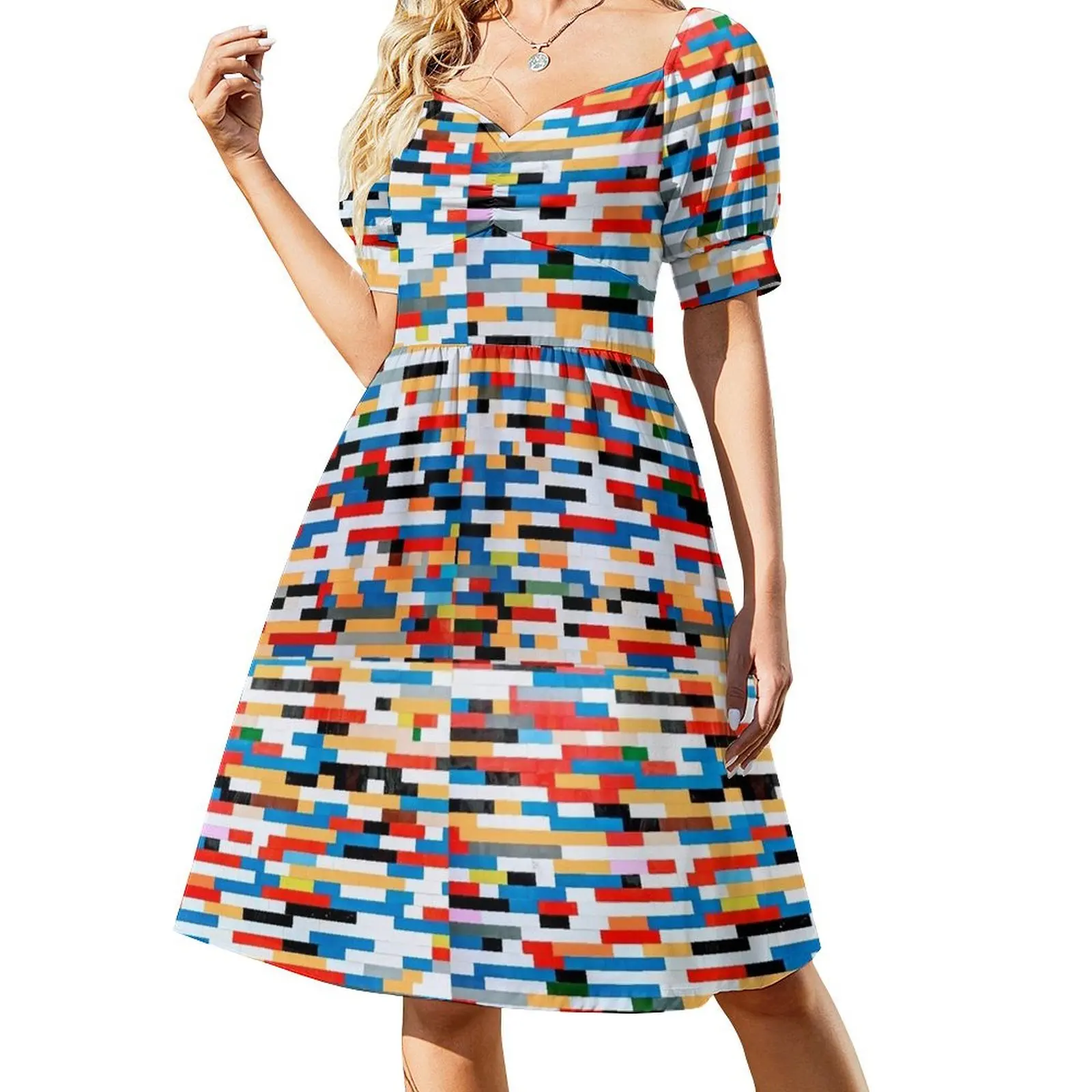 Vestido de manga corta con estampado de ladrillos multicolores para mujer, vestidos de fiesta