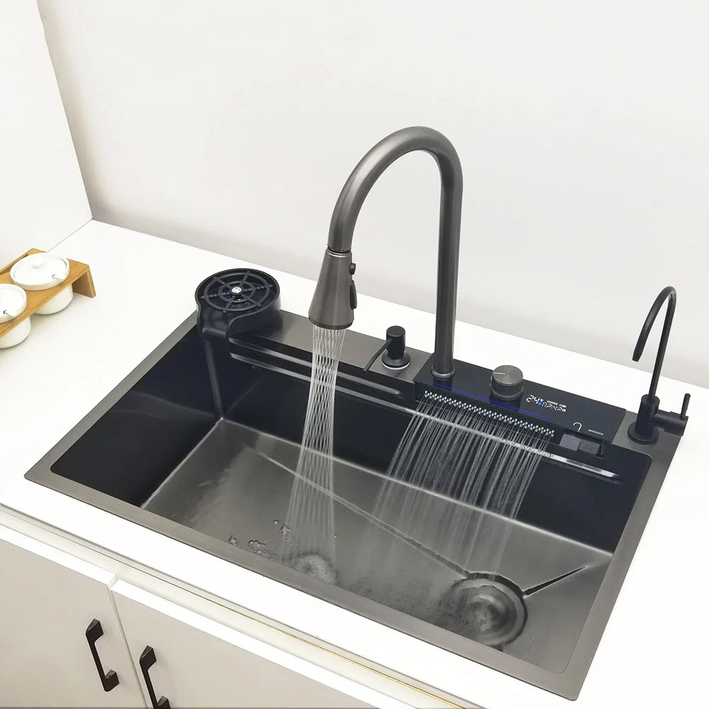Waterfall Kitchen Sink 304 Stainless Steel Sink Large Single basin With Multifunction LED Waterfall Faucet Above Counter Cuisine 3