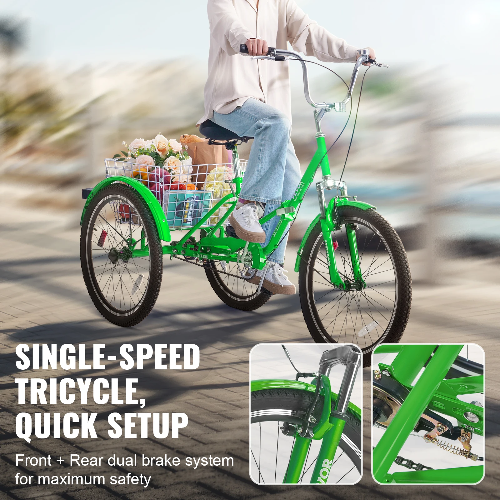 VEVOR 20/24/26-Inch Folding Adult Tricycle Carbon Steel 3 Wheel Cruiser Shopping Picnic Foldable For Women Men Seniors