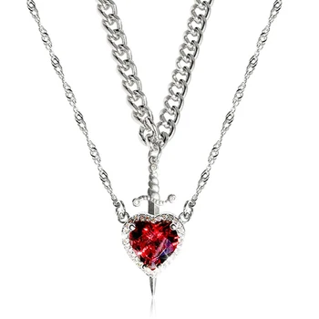 Heart Zirconia Chain Trendy Matching Sword Through Heart Necklace Set Heart Sword Necklace Jewelry Gift for Couples 1