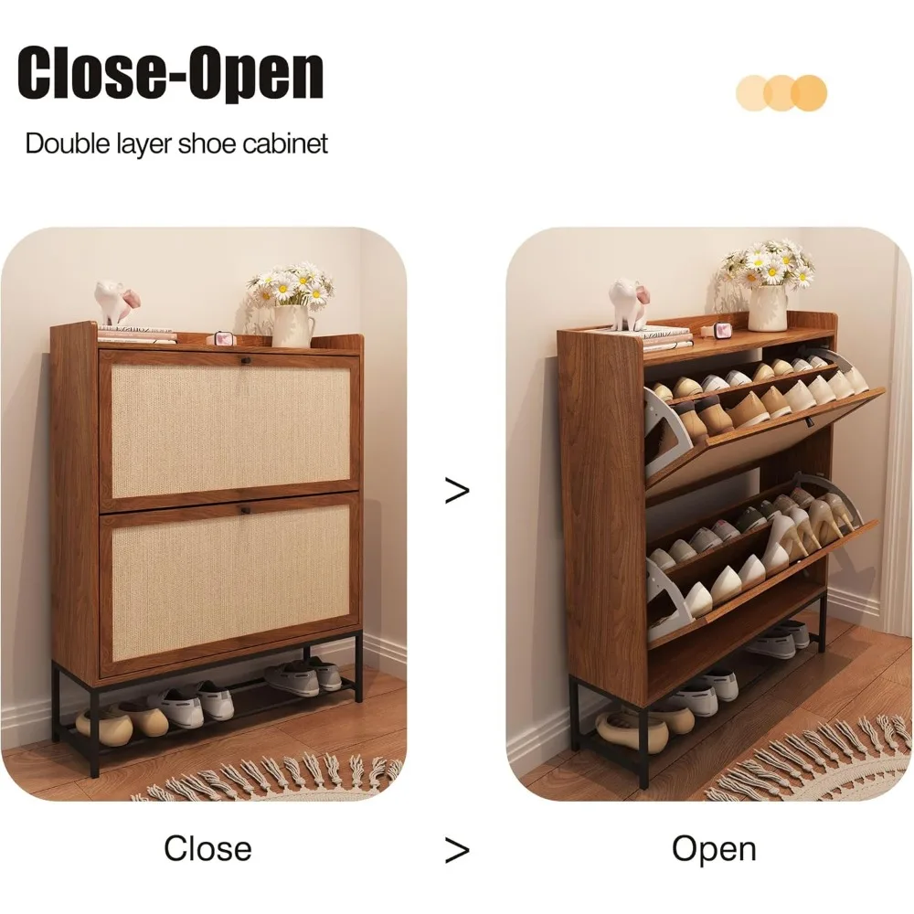 Shoe Cabinet, Cabinet Freestanding Tipping Bucket Rack Organizer with 2 Flip Drawers, Modern Entryway Narrow Shoe
