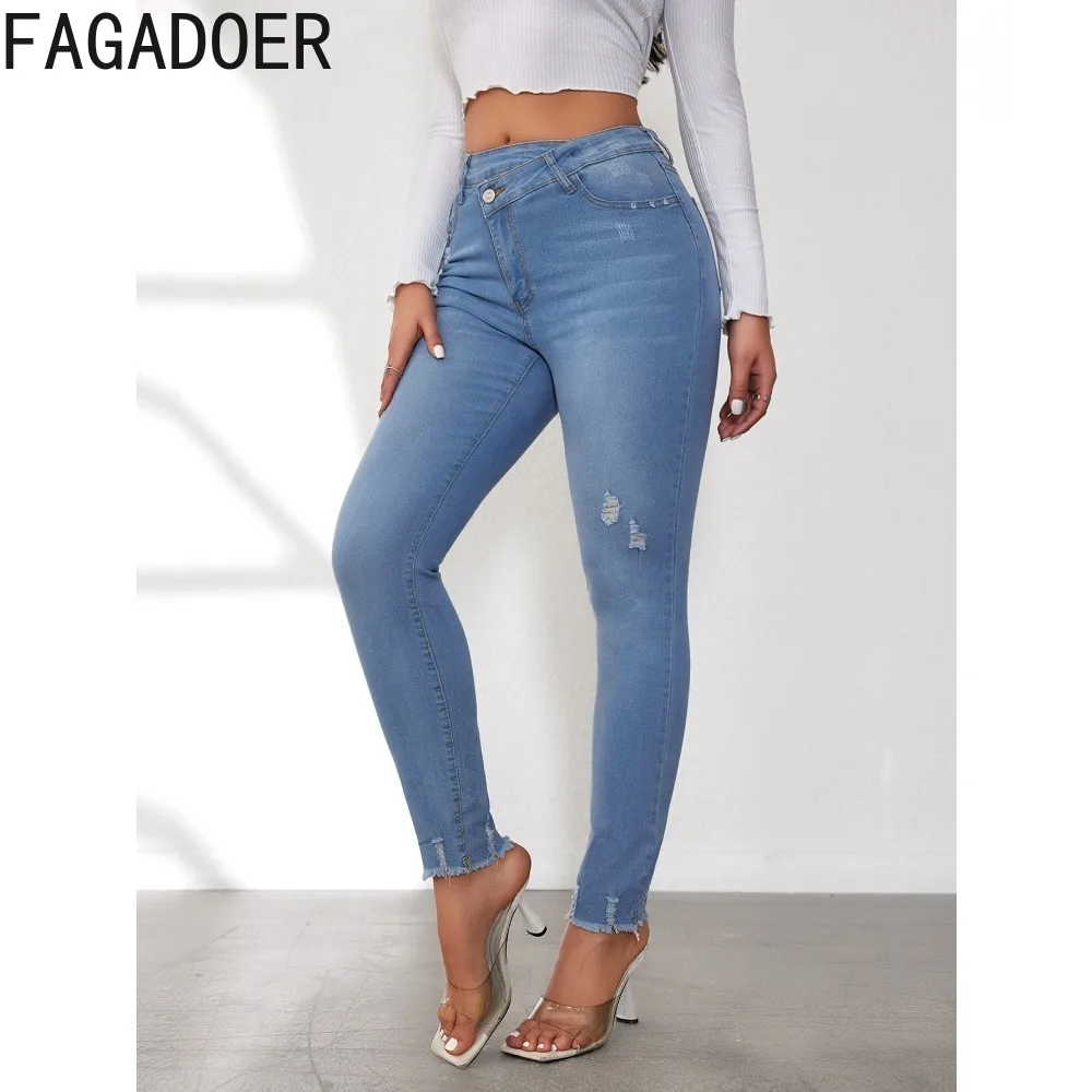 FAGADOER Blue Fashion Elasticity Denim Skinny Pencil Pants Women High Waisted Button Pocket Jean Trousers Female Cowboy Bottoms
