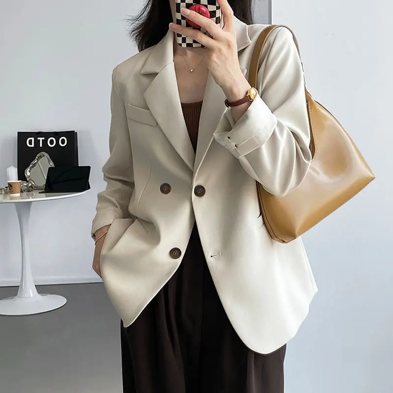 

Women's Casual Suit Jacket 2023 New Korean-style Slimming Suit Spring and Autumn Design Niche Double-breasted Soild Blazer Top