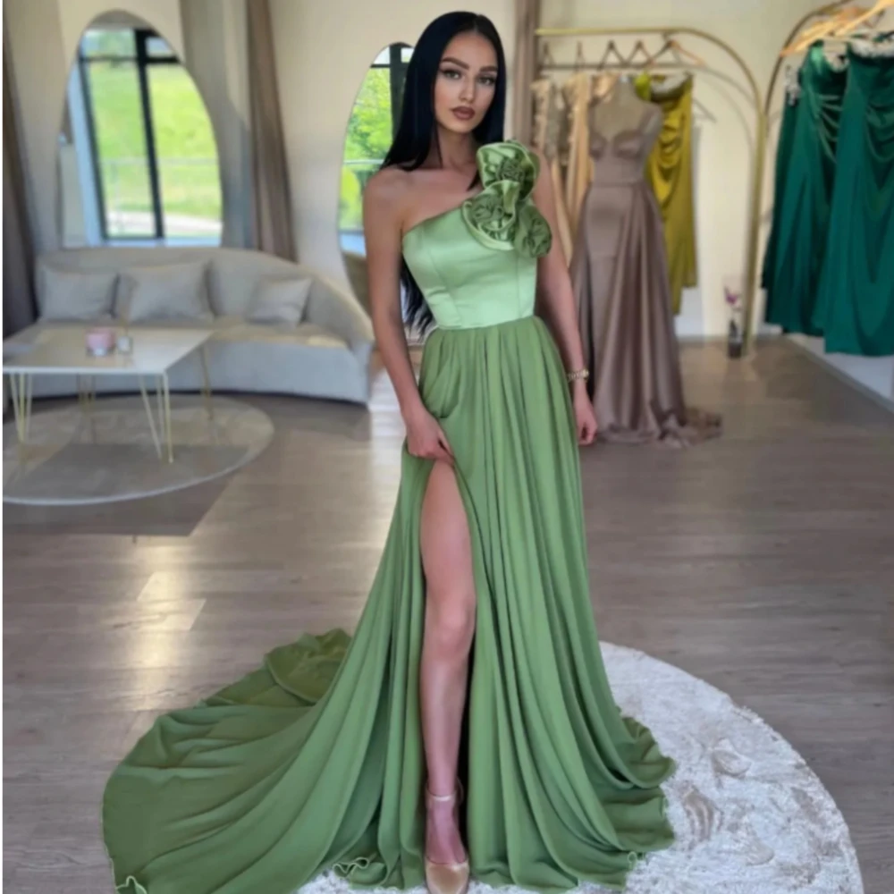 

A-line Evening Dress 2024 One Shoulder Hand Flower Slit Chiffon Satin Floor Length Formal Party Prom Gowns Robe De Soiree