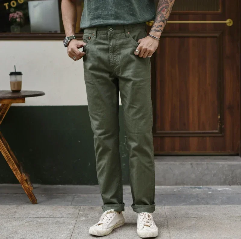 Green Cargos Pants Men | Herringbone Pants | Men's Cargo
