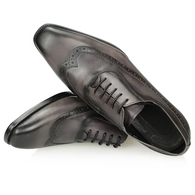 Formal Shoes Male 38-47 Handcrafted Luxury Men Dress Shoe Genuine Leather Wingtip Grey Brogue Lace-up Classic Style Comfortable