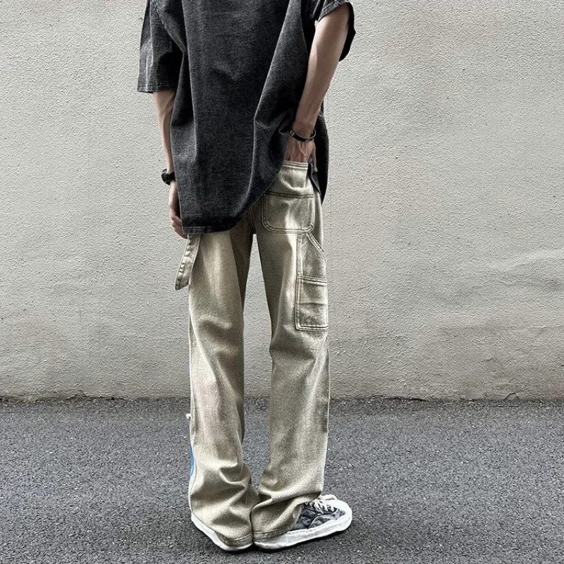 Trousers Torn beige man cowboy pants straight men's jeans broken tie dye vintage with holes ripped punk spring autumn Xs retro,men jeans,ripped jeans,ripped patchwork jeans