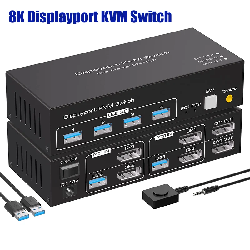 

8K Displayport KVM Switch Dual Monitor 4K@120Hz USB 3.0 KVM Switches for 2 Computers Share 2 Monitors and 4 USB Devices