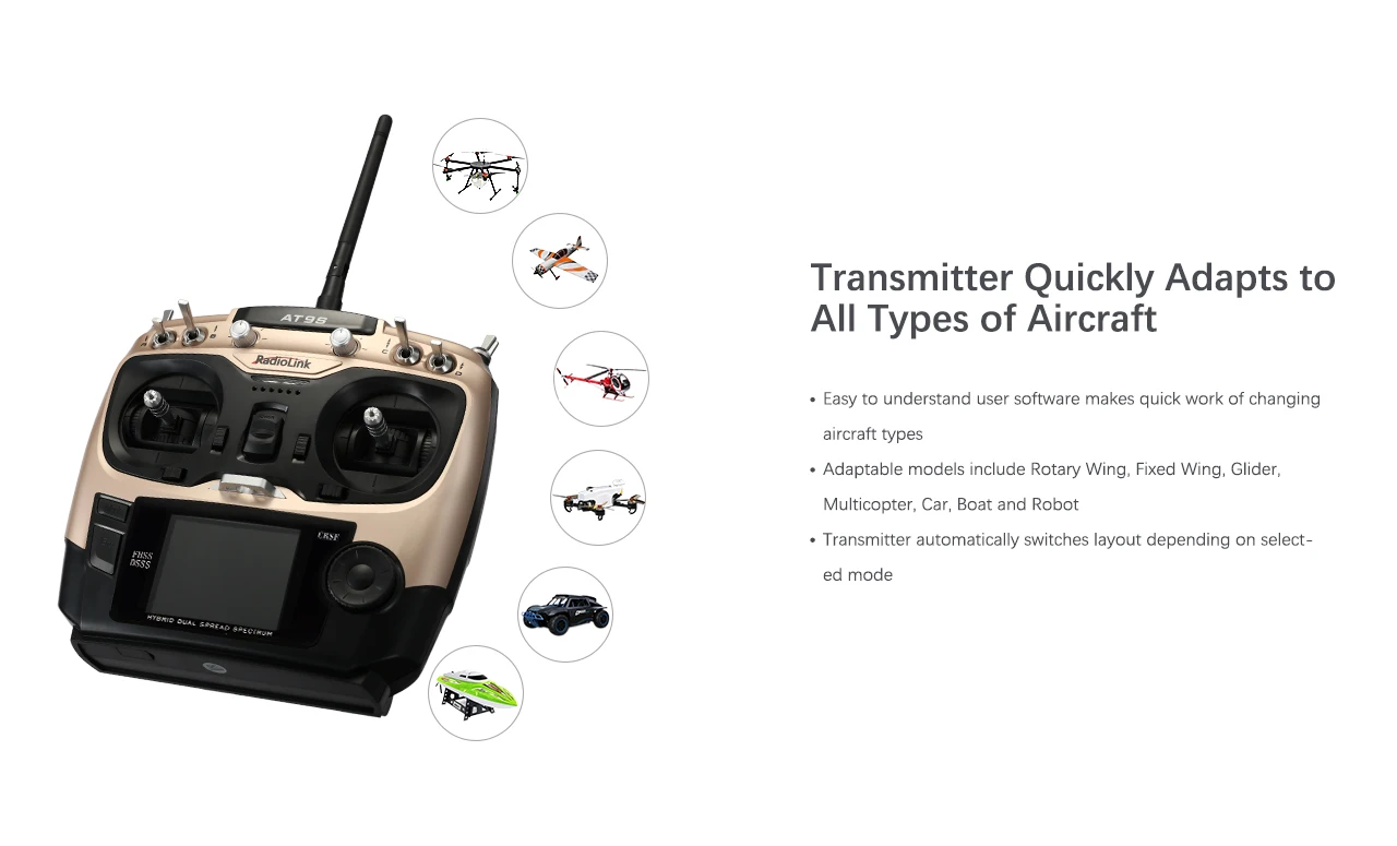 Radiolink AT9S Pro, Adaptable models include Rotary Wing; Fixed Wing, Glider, Multicopter;