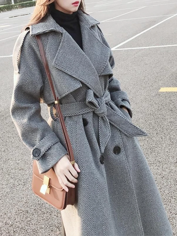 

Fashion Winter Coat for Women New Thickened Mid Length Knee Length Wool Blend Coat Loose Versatile Chevron Belt Jacket Women