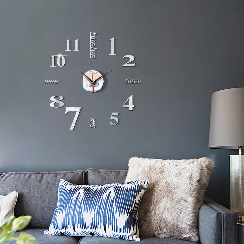 Description Picture 4 of item3D Large Modern Wall Clock Roman Number Quartz Needle Digital Clocks Art Decals Acrylic Mirror Stickers Living Room Home Decor