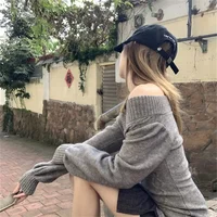 Fashion Vintage V-neck Knitted Tops Women 2025 Early Autumn New Sweaters Pullover Slim Long Sleeve Pullovers Sexy Gray Sweaters - Image 5