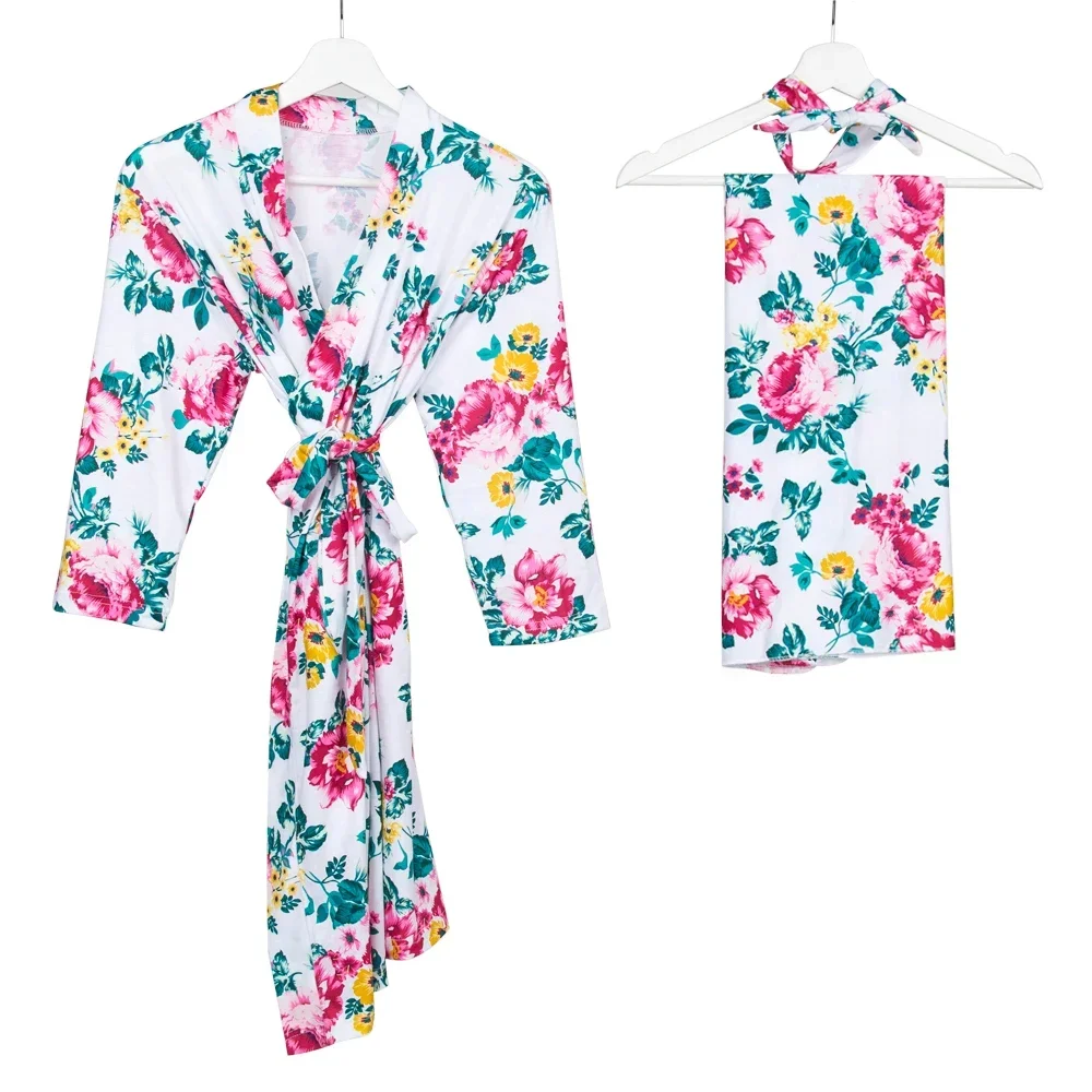 Women's Robe and Swaddle Blanket Set For Mom and Baby Maternity Pajamas Robe Sleepwear Baby Swaddle Set 3