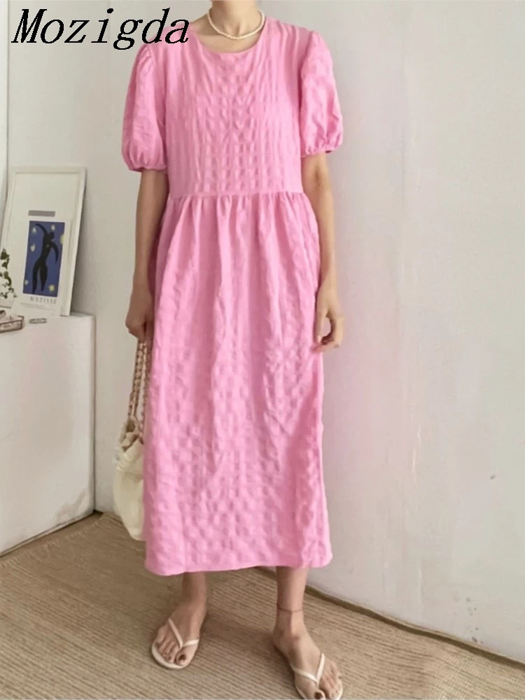 

Summer Long Dress Women Korean Style Loose Ruffle Pleated Fashion Ladies Dresses Casual Woman Pink Puff Short Sleeve Dress