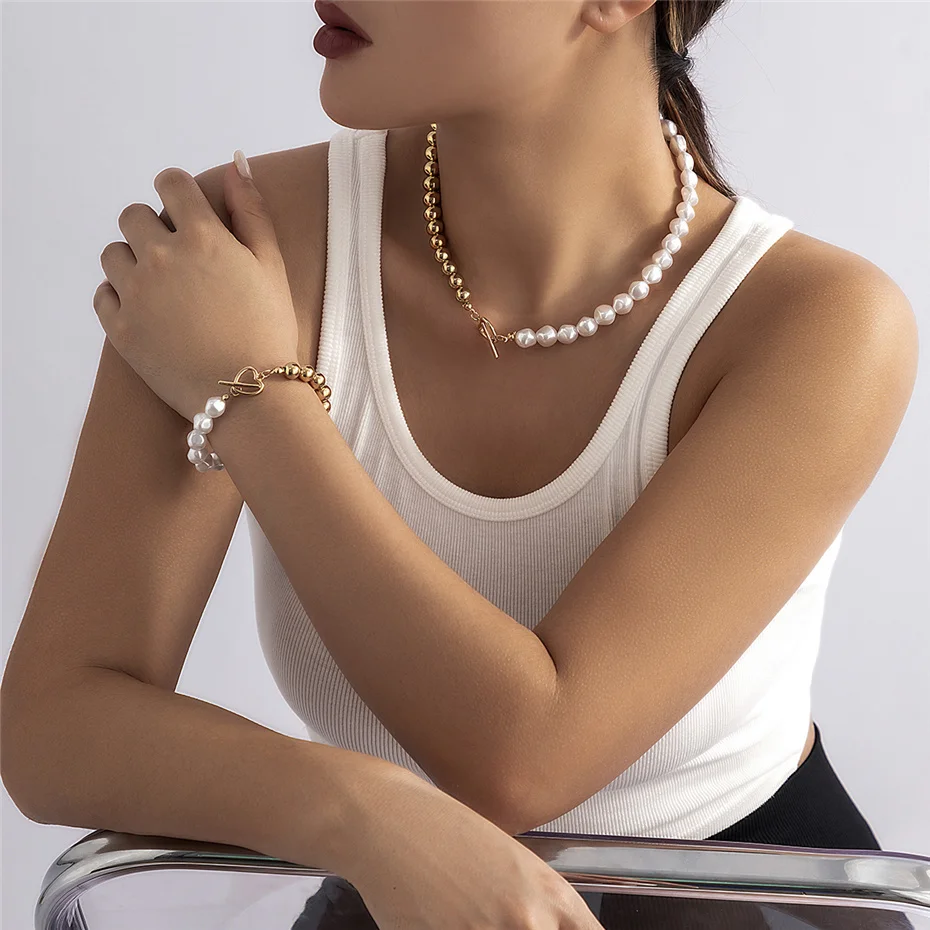Half Pearl Gold Beads Chain Necklace And Bracelet Set With Golden Heart Buckle Closer
