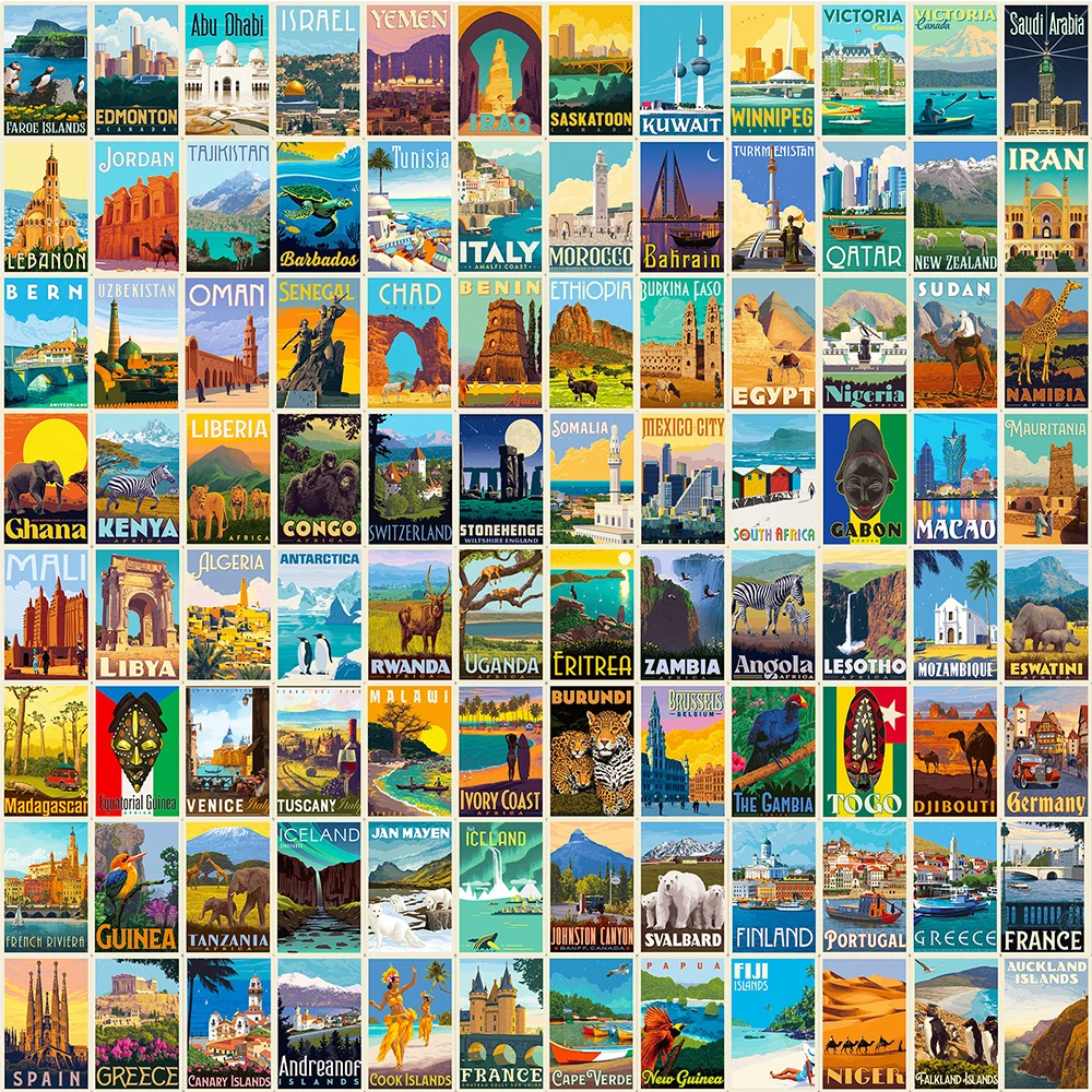 25/50/100pcs World Landmarks Poster Stickers Aesthetic Cartoon Decals Decorative Scrapbooking Laptop Luggage PVC Sticker Packs 100sheets daily elements photos material paper and stickers book decorative collage material aesthetic hand account scrapbooking
