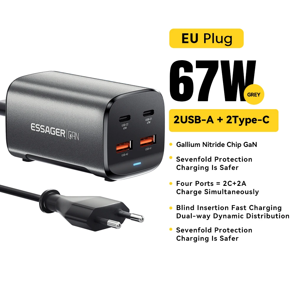 Enhanced 67W USB-C GaN Fast Charger with Quick Charge 4.0 & PD Technology