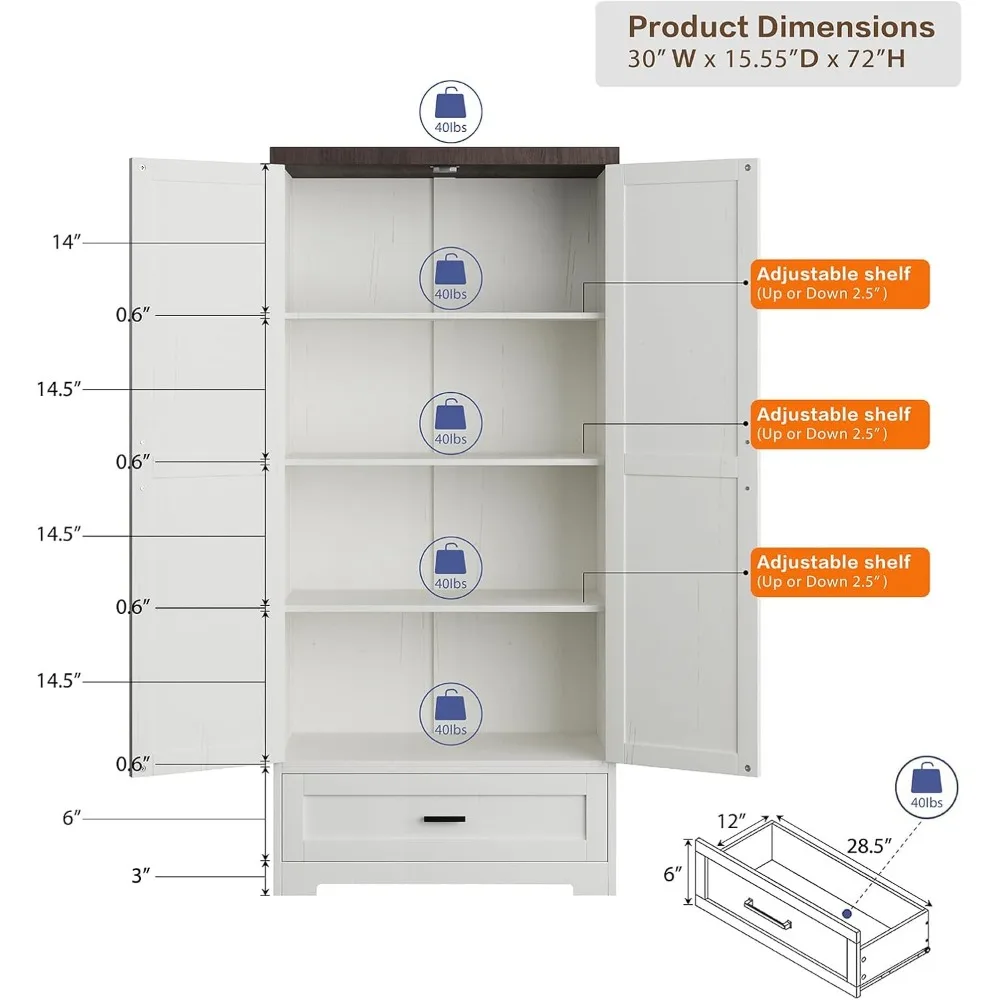 Farmhouse Kitchen Pantry Cabinet 72" Tall Wood Kitchen Storage Cabinets Adjustable Shelves 2 Barn Doors Drawer