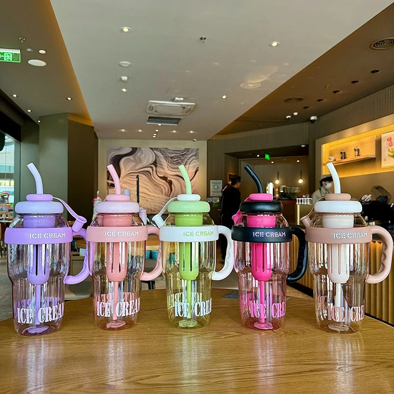 

1200ML Water Bottle With A Straw PC High Capacity Transparent Portable Plastic Sports Water Bottle Cute Handle Bubble Tea Cup