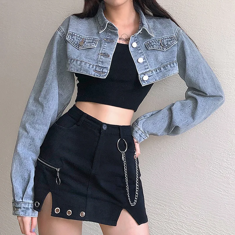 Women's 2023 Early Fall Preppy Style High Waist Outer Long Sleeve Coat Vintage High Street Blue Denim Short Jacket Female Solid голубика среднерослая эрли блю early blue 1 шт