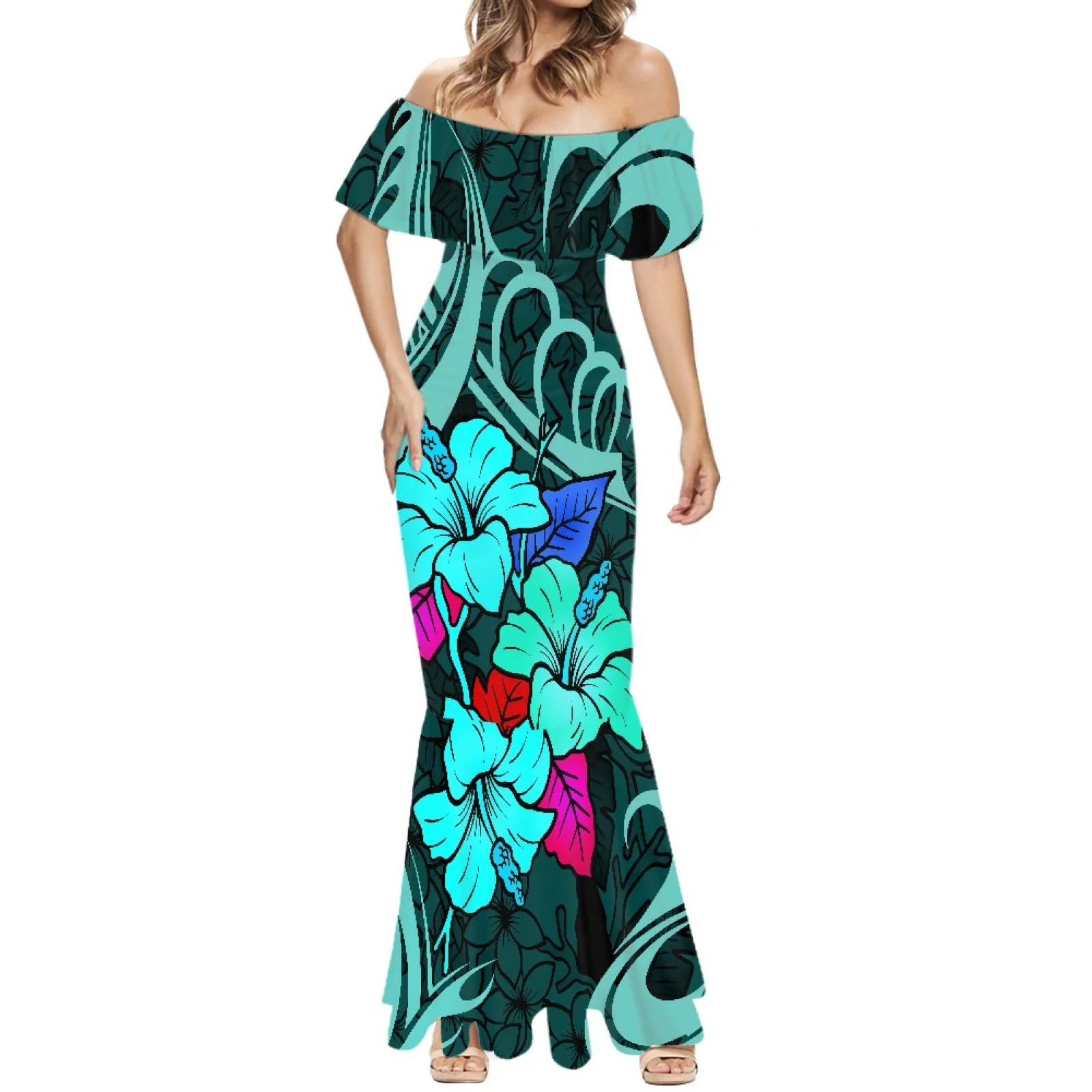 

Polynesian Tribal Long Dress, Tongan Totem Tattoo, Tonga Prints, Colorful Hibiscus Flower, Sexy Mermaid, Various Color Selection