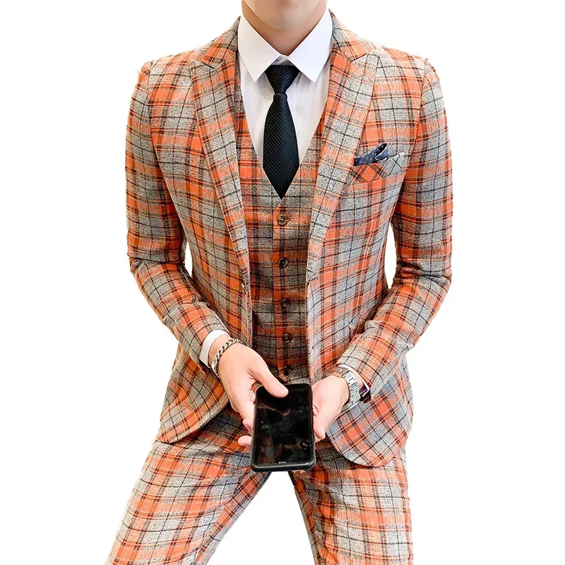 Mens Casual Business Suit Plaid 3pces Set Jacket Vest Pants Groom Wedding Dress Blazer