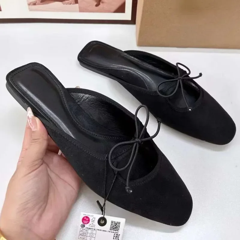 Summer Slingbacks Flat Ladies Designer Sandals Versatile Bow Suqare Toe Casual Light Slip-on Brand Chic Women Mules Shoes