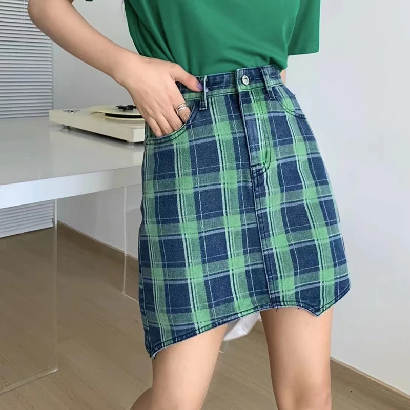 QOERLIN Korean Women Green Plaid Skirt Student Chic Jeans Skirts Sexy Mini Skirts Summer School Girls Irregular Denim Skirt