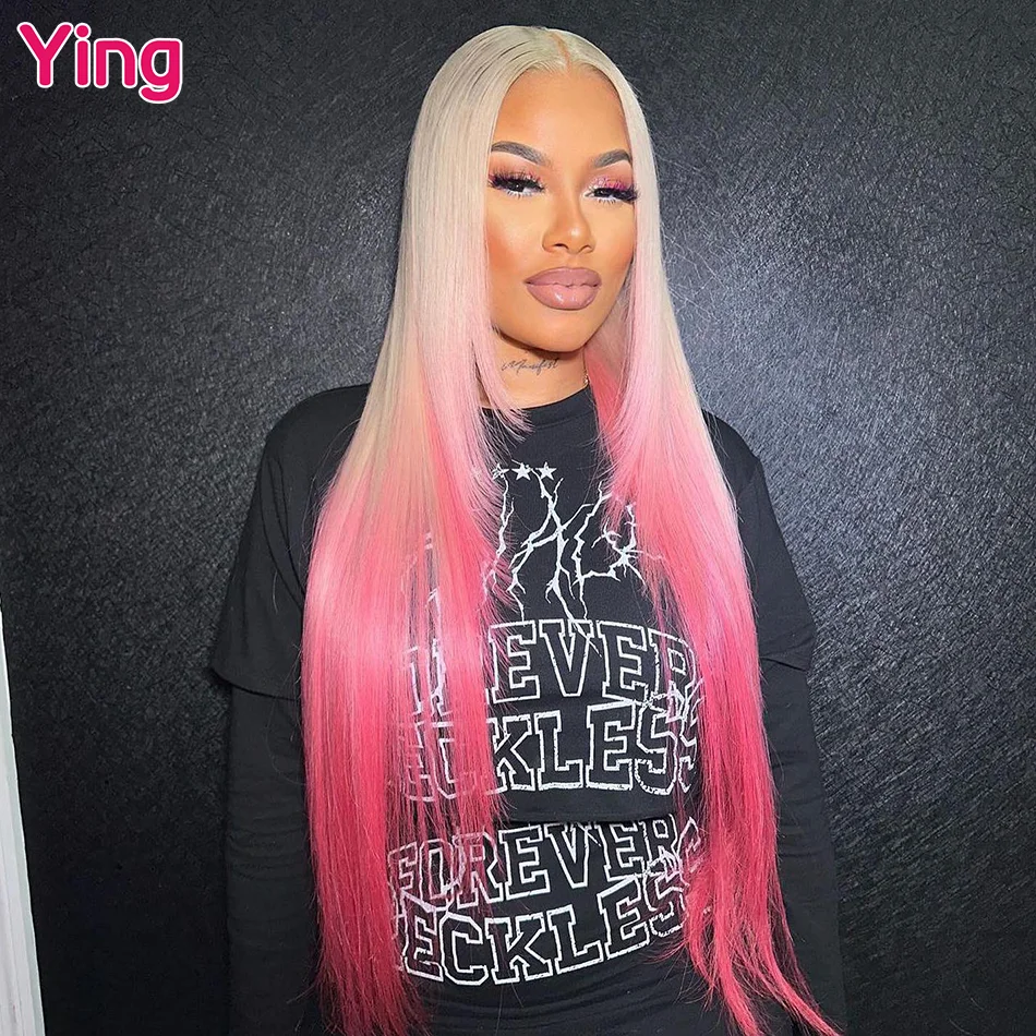 

Ying Bone Straight Pink Omber 13x4 Lace Front Human Hair Wigs Peruvian Remy Hair 13x6 Lace Frontal Wig PrePlucked 613 Blonde Wig