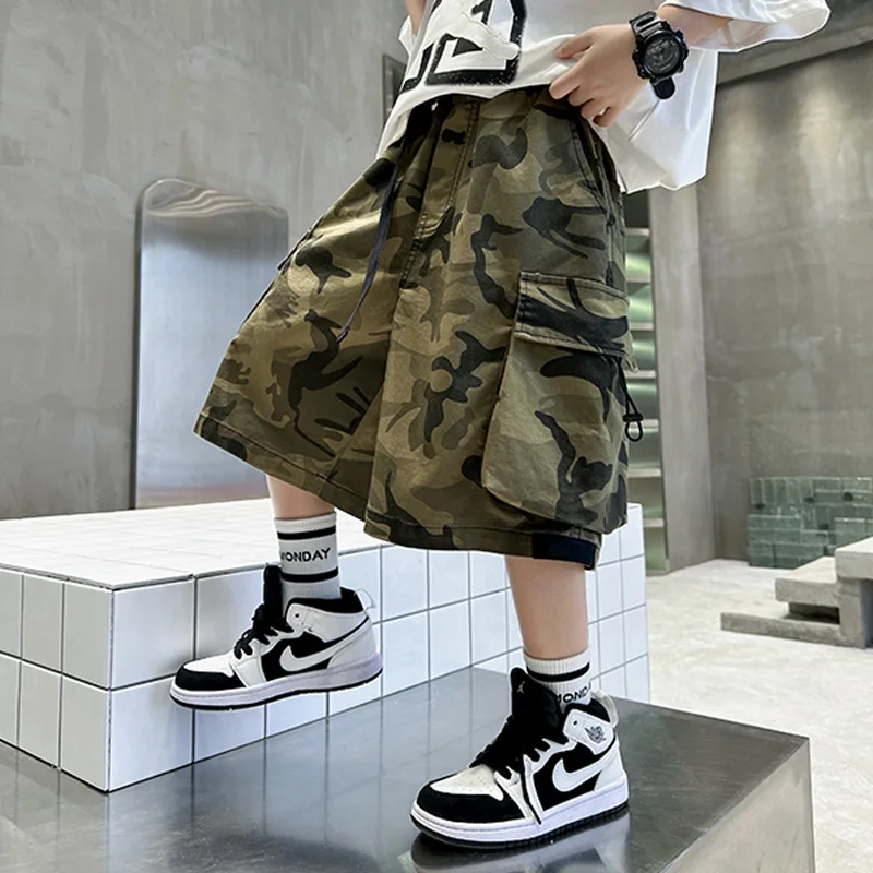 Summer New Tween Children Camouflage Cargo Shorts For Boys Teenager Casual Camo Shorts Fashion Kids Loose Capris Pants 5-14 Year