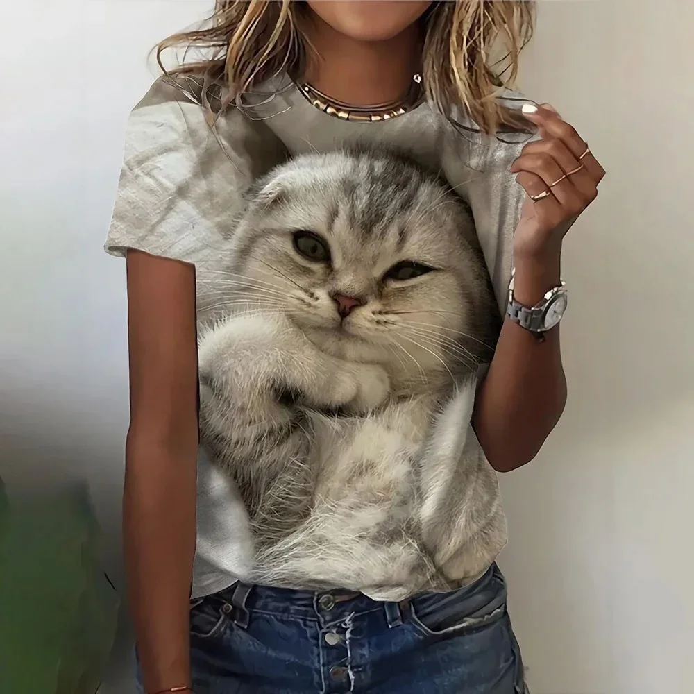 

Женская футболка с забавным 3D принтом кошки, модная футболка с круглым вырезом и коротким рукавом, женская одежда Y2K, Милая футболка для девочек, 24 дюйма