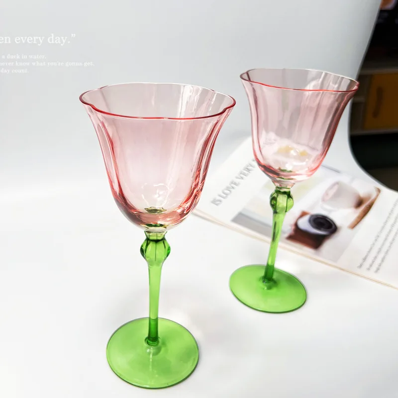 1 Piece Vintage Goblet 320ml Elegant Pink Flower Style Green Stem Two Tone Glass Goblet Wine Champagne Glasses Cup