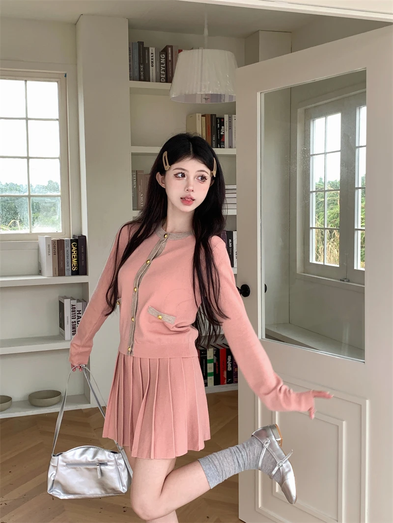 Korean Fashion Knitted Two-piece Skirt Set Women Single Breasted O-neck Top Pleated Mini Skirt Autumn Elegant Outfits Knitwear