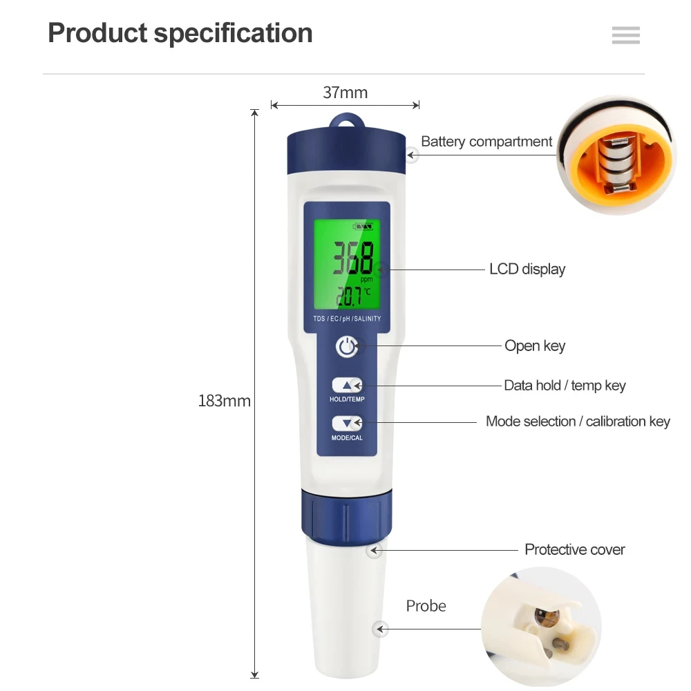 Water Quality Tester 5 In 1 Digital PH TDS EC Meter Salinity Temperature Tester Conductivity Water Filter Purity Pen Backlight