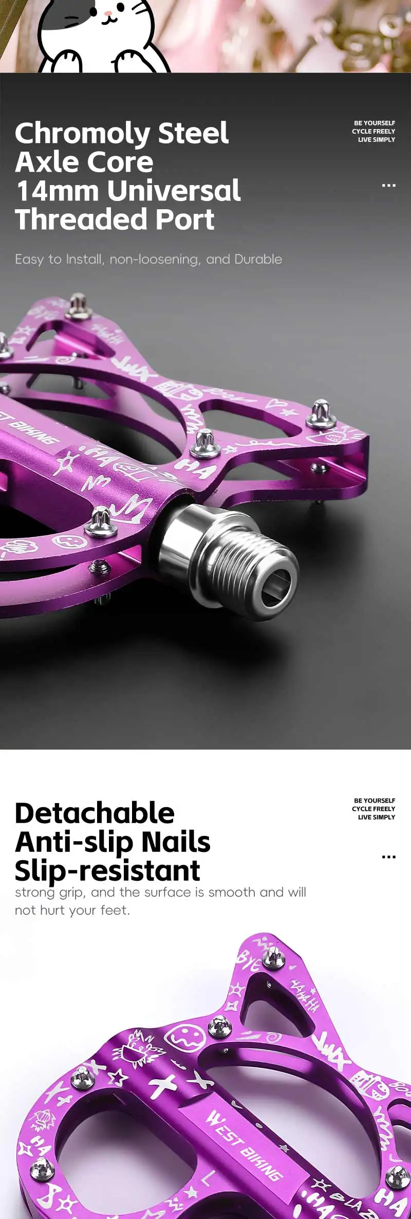 Description Picture 5 of itemWEST BIKING Bicycle Pedals 3 Bearing Cat Shaped MTB Road Bike Pedals Flat Platform Seal Bearings Cycling Pedals Bike Accessories