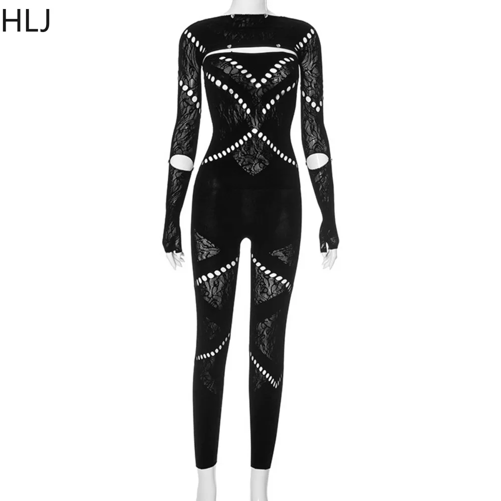 HLJ Spring New Hollow Out Off Shoulder Bodycon Jumpsuits Women Long Sleeve Diamond Solid Color Slim Playsuits Female Overalls