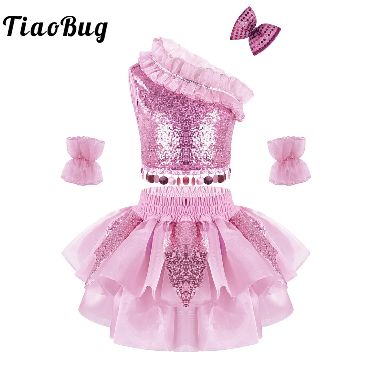 

Kids Girls Sequins Jazz Dance Costume Ballroom Ballet Latin Waltz Dance Dress Set Oblique Shoulder Top with Skirt and Hair Clip