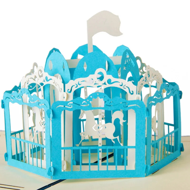 Merry Go Round artesanato laser cut out 3D Pop UP origami Greeting Cards postcards paper DIY crafts CD041