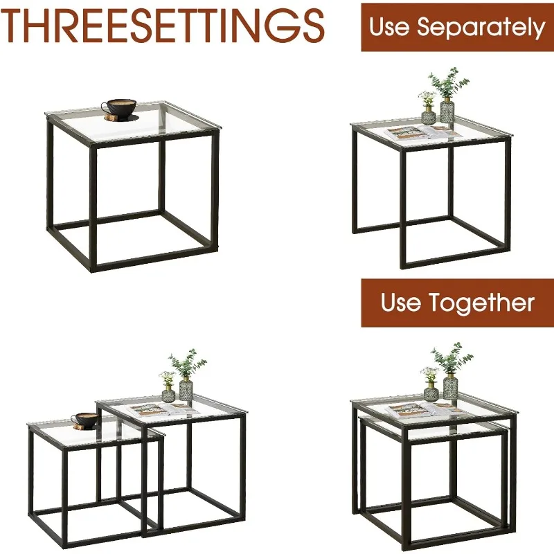 Coffee Table Set of 2, Modern Black Wooden Side Table, Metal Frame Square End Table, Center Tables,Nesting Coffee Table for 6
