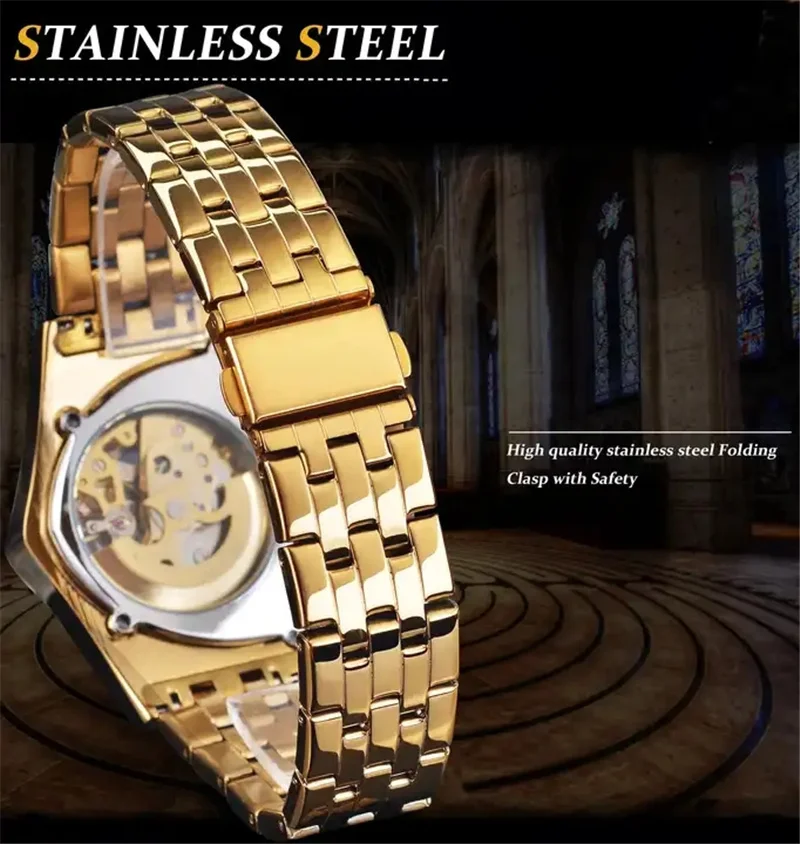 FORSINING Men Skeleton Automatic Mechanical Gold Vintage Watch Triangle Wristwatch for men