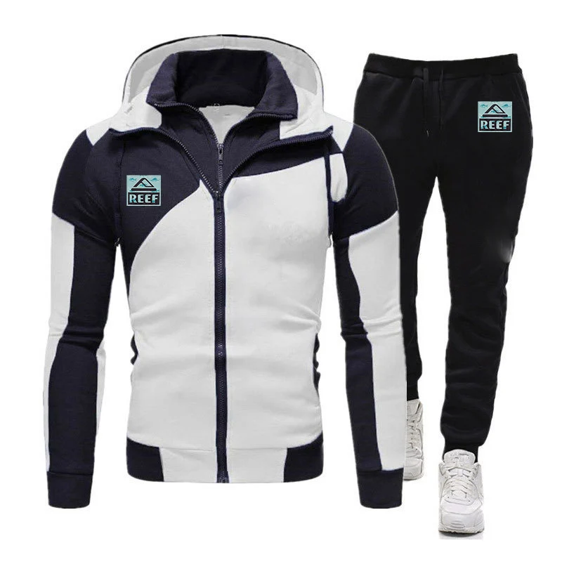 Reef 2023 Men High Quality New Diagonal zipper Hoodies Popular Hip Hop Sportswears Tops+Casual Pants Two-Pieces Suit