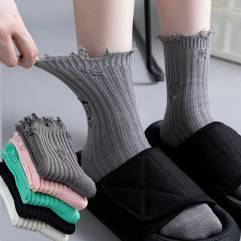 

Индивидуальные однотонные носки с отверстиями Y2K, хлопковые носки в стиле хип-хоп для скейтборда, уличные носки в стиле Харадзюку с разбитым нищего для мужчин и женщин