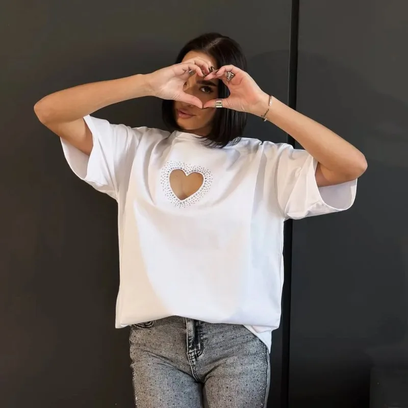 

Love Heart Hollow Out Design Rhinestone Decoration Short Sleeve T-shirt for Women's Summer 2024 New Fashionable Loose Top TYFS36