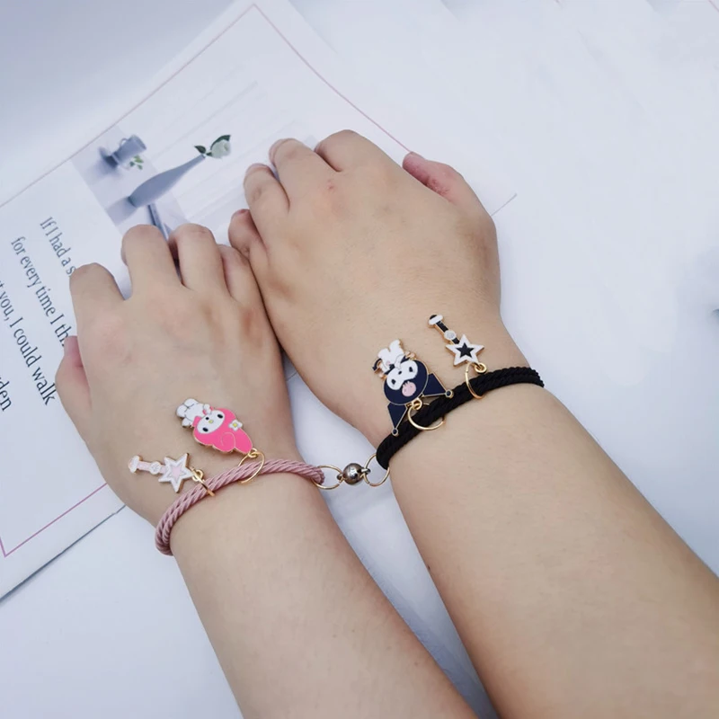 1 Pair Sanrio Accessories Bracelet Kuromi Melody Magnetic Small Rubber Band Couple Girlfriend Cartoon Aluminum Alloy Girl Gift