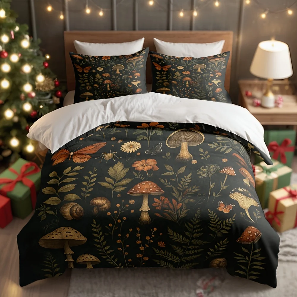 3Pcs Autumn Forest Plants Fungus Print Duvet Cover Set, Soft Comfortable Machine Washable Bedding with Pillowcases, All Season