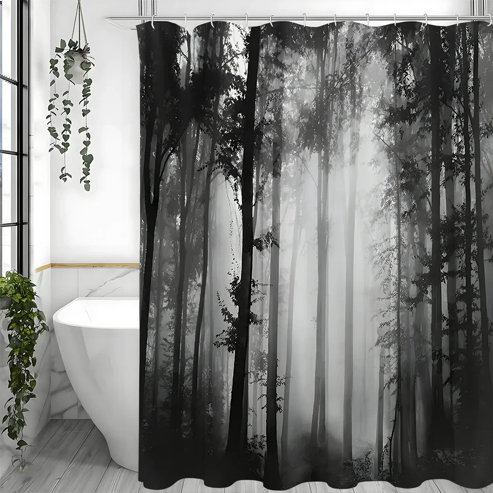 Black Misty Forest Waterproof Shower Curtain