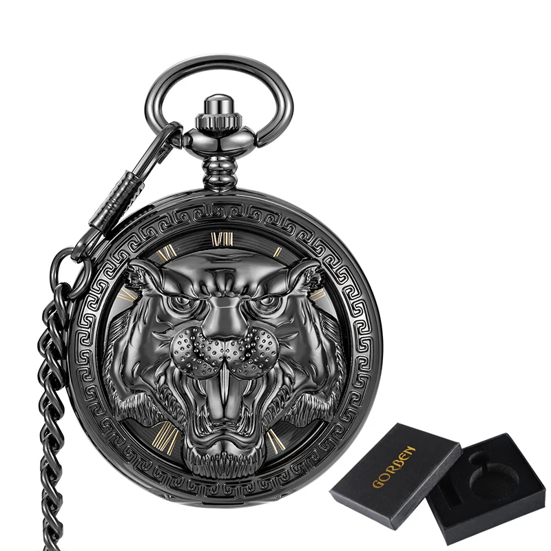 Tiger Lion Mechanical Clock Vintage Man Pocket Watch With Fob Chain Steampunk Hanging Watches For Men New Chinese Zodiac Pendant