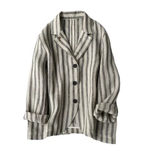 

Casual Striped Tailored Coat Blazer Women Office Top Suit for Women Vintage Linen LOOSE Thin Summer 2022 Flax Single Breasted