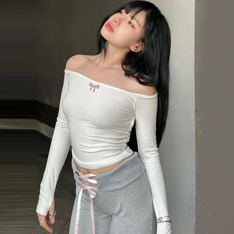 

INS Autumn New T Shirt for Women Sexy One Line Neck Slim Fit Backless Y2k Top Kawaii Clothes Fashion Woman Clothing 2023